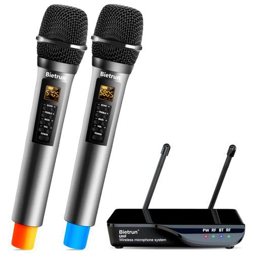 Bietrun Wireless Microphone with Echo/Treble/Bass, UHF 160ft Range, Dual UHF Cordless Dynamic Mic Handheld Microphone System for Home Karaoke, Meeting, Party, Wedding(Receiver with Bluetooth)