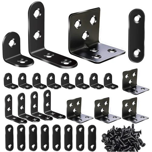mxuteuk 96PCS L Brackets for Shelves & Flat Plate Straight Bracket,Black Stainless Steel Shelf Brackets,L Shape Heavy Duty Metal Corner Brace for Wood Furniture Cabinet Chair (0.78,1.2,1.57,1.97inch)