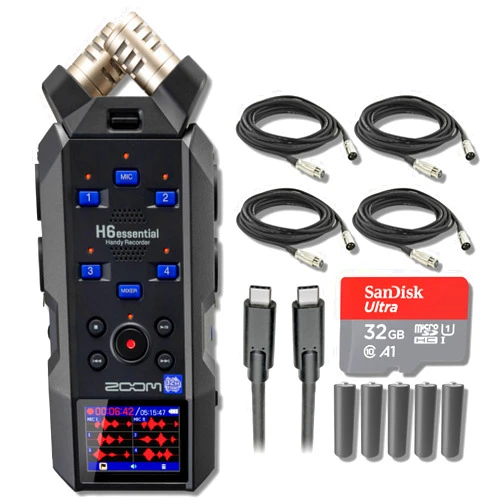 StreamEye Zoom H6essential 6-Track 32-Bit Float Portable Audio Recorder with 32GB microSD Card, USB-C Cable, 10' XLR Cables and AA Batteries