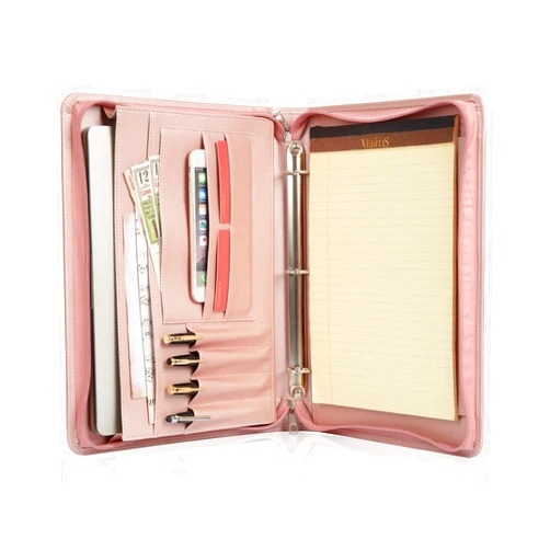 AZXCG Free Engraved Name, Personalized Portfolio Binder for Women, PU Leather 3 Ring Binder Padfolio Organizer, Business Resume Zippered Portfolio with A4 Writing Pad, Corporate Gift, Customized, Pink