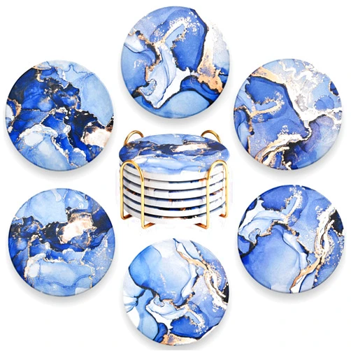CoColemon Navy Blue Thirstystone Coasters for Drinks, Marble Abstract Ceramic Coasters with Holder, Round Coffee Table Decor, Stone Coaster Set of 6 (