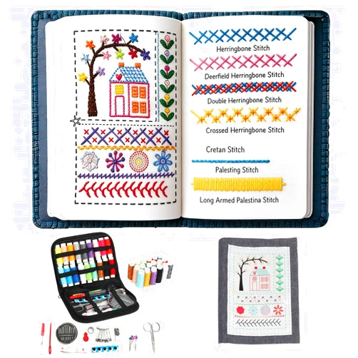 Oeedsns New DIY Embroidery Stitch Book Kit, Illustrated Guide to 106 Universal Embroidery Stitches with Free Tutorials and 86 PCS Sewing Tool Kit for Beginners and Craft Lovers