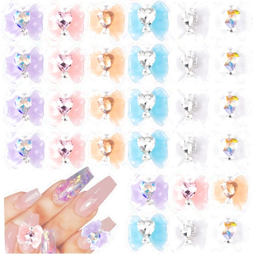 PAGOW 42PCS Sweet Bow Nail Charms Cute 3D Rhinestones Valentine Heart Crystals Design Art Charms Gem Decoration Jewels Accessories DIY Supplies