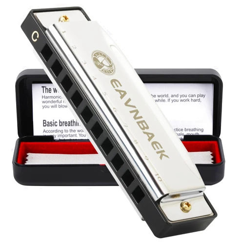 Eavnbaek 10 Holes 20 Tones Blues Harp Mouth Organ Harmonica, Diatonic Blues Harmonica Key of C, For Kids Adults Student Beginners Professionals, with Hard Case and Cleaning Cloth (Sliver)