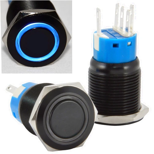 JacobsParts Latching Maintained Pushbutton ON/OFF Switch Black Aluminum Metal with Blue LED fits 3/4