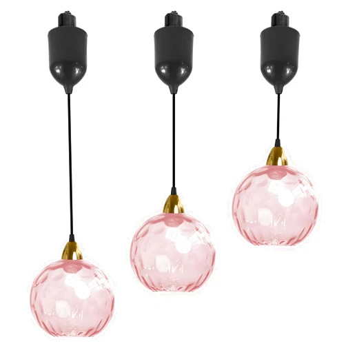 SKIVTGLAMP Adjustable Height Juno Track Lighting Pendants, 4 ft Cord, J-Type Dimmable Vintage Metal E26 Socket Chandeliers Pink Hammered Glass Globe for Bar 3 Lights Kitchen Ceiling
