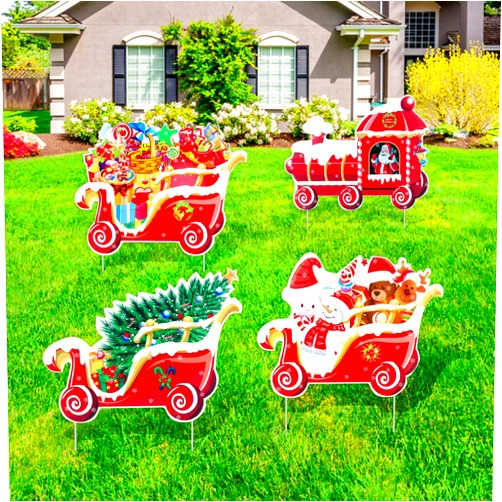 ILEBYGO 4PCS Large Christmas Yard Signs Stakes Decorations - Xmas Outdoor Yard Sign Lawn Decor for Holiday Christmas Decorations Outside
