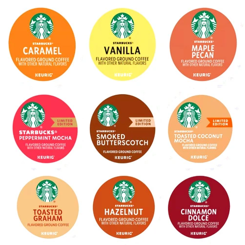 BREWANA Starbucks K-Cups Flavored Sampler Includes Caramel, Hazelnut, Cinnamon Dolce, Smoked Butterscotch, Vanilla, Maple Pecan, Graham And Peppermint Mocha