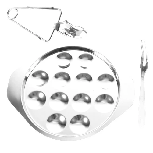 Cabilock Vintage Oyster Plates 3PCS Snail Escargot Plate Serving Plate Stainless Steel Escargot Dish 12 Compartment Holes Kitchen Plate Tong Fork Set Shell Plates