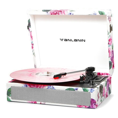 TANLANIN Vintage 3-Speed Bluetooth Record Player with Built-in Speakers, Retro LP Vinyl Player Portable Suitcase Turntable with USB Recording, Wireless Music Playback, RCA/AUX/Headphone Jack, Floral