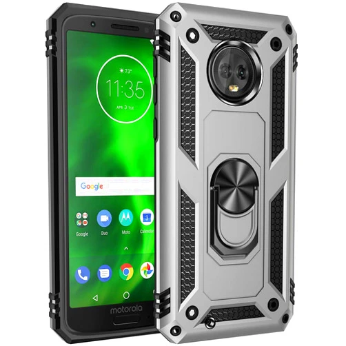 Dionsibei Military Grade Drop Impact for Motorola Moto G6 Case 360 Metal Rotating Ring Kickstand Holder Magnetic Car Mount Armor Heavy Duty Shockproof Case for Moto G6 Phone Protection Case (Sliver)