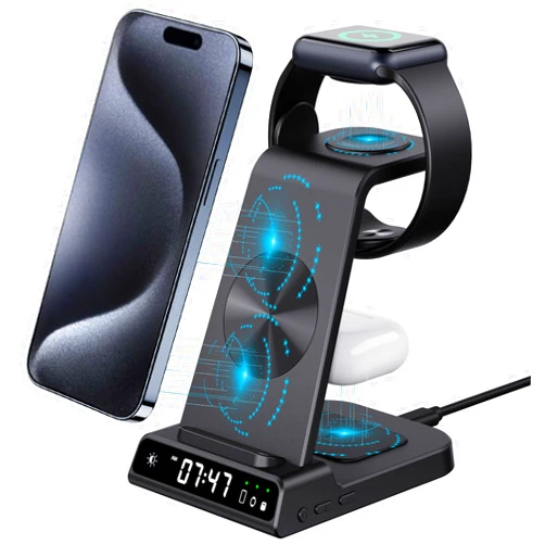 NeotrixQI Wireless Charging Station for iPhone 16 Pro Max, 3 in 1 Wireless Charger for Apple Multiple Devices, iPhone 15 Pro Max/14/13/12, Air Pods, Watch Stand for Apple Watch 10/Ultra 2/9/8/7/6/5, with Clock