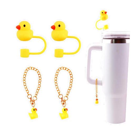 Acoavo 2Pcs Mini Duck Straw Cover Cap with 2Pcs Charm Accessories for Stanley Cup, Duck Silicone Straw Topper 10mm 0.4in Compatible with 30&40 Oz Tumbler,Dust-Proof Reusable Straw Tips Lids