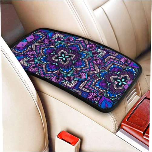 Indokyeyqaz Universal Car Center Console Cushion Pad, Purple Boho Flowers Soft Waterproof Car Center Console Cover Auto Armrest Seat Box Cover Protector for Most Vehicle SUV Truck Car