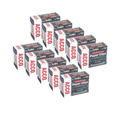 ACCO Brands ACCO Premium Jumbo Paper Clips, Smooth Finish, 100 Paper Clips Per Box, Pack of 10 Boxes (72500), Silver