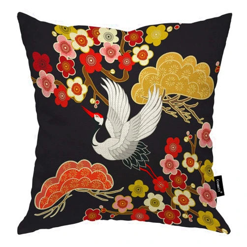 Ceumuty Flying Crane Pillow Case Bird Heron Blossom Flower Pine Tree Motifs Throw Pillow Cushion Cover 18