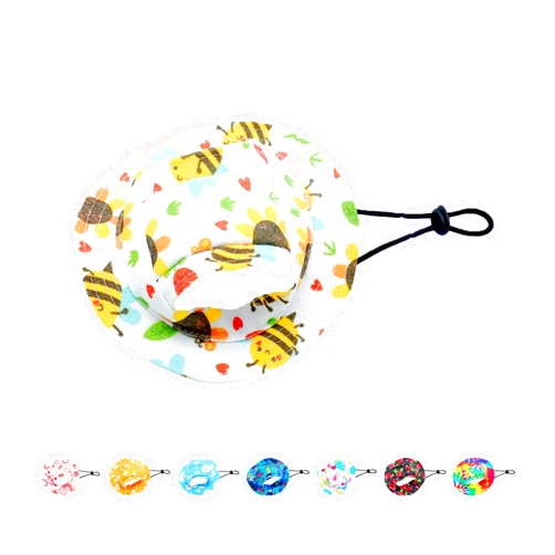 JpGdn Dog Hat Pet Caps with Ear Hole Round Brim Bucket Hat Outdoor Sun Protection Neck Strap Adjustable for Small Medium Puppy Doggy Cats Honeybee White M