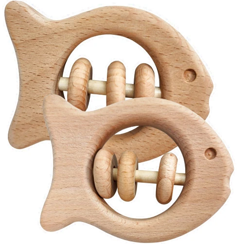 Adventure Awaits! 2 Pack - Wooden Fish Rattle for Toddlers & Babies, Montessori Baby Rattles Teething Toys