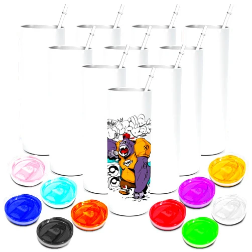 AGH 10 Pack Sublimation Tumblers Blank with Colorful Lids 20 OZ Straight Skinny Tumbler with Straw, Stainless Steel Double Wall Insulated Tumbler for Tumbler Press Machine