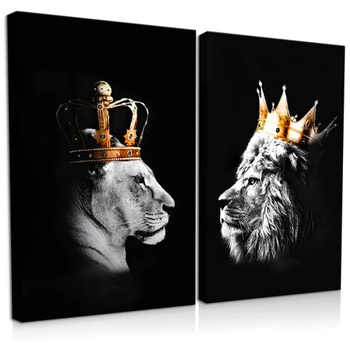 BJVJKSU Black and White Lion Wall Art Lion and Lioness Canvas Wall Art King and Queen Lion with Gold Crown Wall Decor Wild Animal Couple Pictures Prints Posters Ready to hang(12x16in)