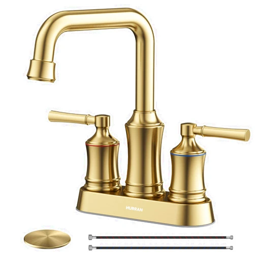 Hurran Bathroom Sink Faucet, Hurran Two Handle 4 inch Centerset Bathroom Faucet with Pop-up Drain, 360 Swivel Spout Lead-Free Stainless Steel Sink Faucet for Bathroom Sink, Brushed Gold