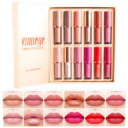 KIMIEYE 12Pcs Velvet Matte Liquid Lipstick Set, Waterproof Long Lasting Quick-drying Non-Stick Cup Nude Lip Stain Kit, Up to 24H Wear, Professional Lip Makeup Gift Kit for Women (SET A)