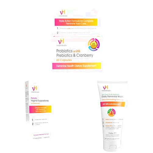 vH essentials Probiotics - 60 Capsules & Prebiotic PH Balanced Vaginal SuppositoriesBox, Original Version, 15 Count & Ph Balanced Daily Feminine Wash, 6, Fl Oz, (Pack of 1) 54306 Clear