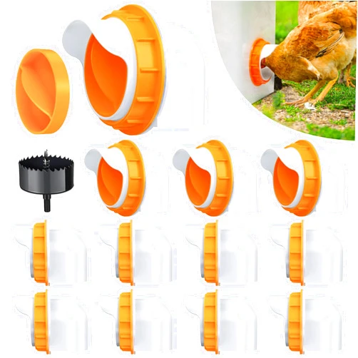 DSTANA Chicken Feeder No Waste 12 Ports Automatic Poultry Feeder with 12 Stopper & 1 Hole Saw, Weatherproof Reusable Gravity DIY Chicken Feeders Kits for Buckets, Barrels, Bins(Orange)