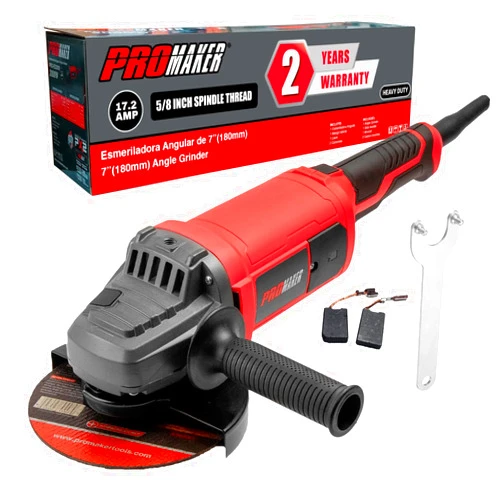 PROMAKER 7 inch Angle Grinder, 17.2 AMP, 8400 RPM, Industrial Electric Angle Grinder with 2 Extra Carbon Brushes, Built for Heavy-Duty Tasks and Professional Performance, 2 Years Warranty.
