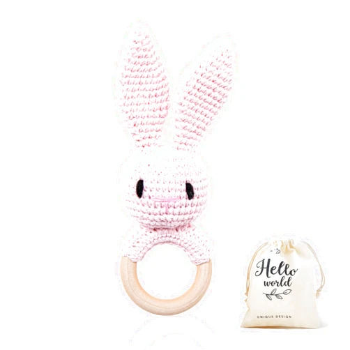 WOODEN TEETHER Crochet Baby Rattle, Crochet Baby Toys, Organic Wooden Newborn Toys, Newborn Animal Rattle Toys，Knitted Stuffed Animals Gifts for Baby, Pink Bunny