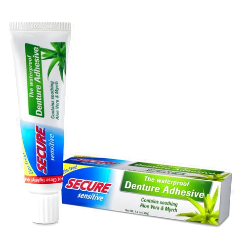 Secure Sensitive Gums Waterproof Denture Adhesive Zinc Free with Aloe Vera & Myrrh - Extra Strong 12 Hour Hold - 1.4 oz