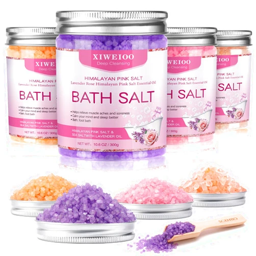 Xiweioo 4 Pack Kit Bath Salts for Soaking Himalayan Pink Salt Lavender Orange Rose Pink Scent Epsom Salt Bubble Bath for Women Christmas Gift with Dead Sea Salt Moisturizing Skin