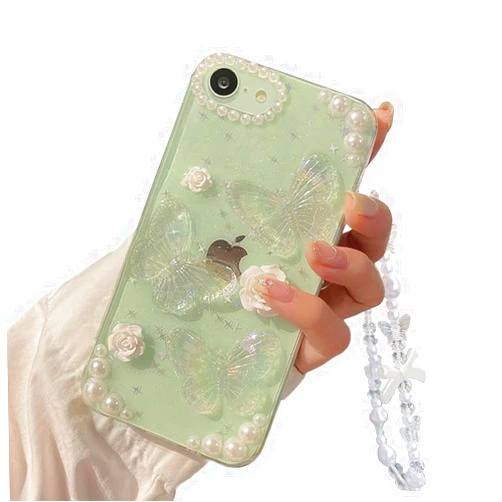 Faneiy for iPhone SE (2022/2020 Release) /7/8 Case with Pearl Phone Charm Chain 3D Butterfly Flower Cute Glitter Phone Case Aesthetic Crystal Clear Floral Case for iPhone SE/7/8 Women Girl