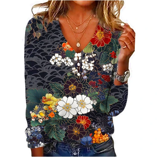 HOTYD Long Sleeve Button V Neck Boho Tops for Women Dressy Casual Floral Print Blouses Vintage Ethnic Graphic Tees Plus Size
