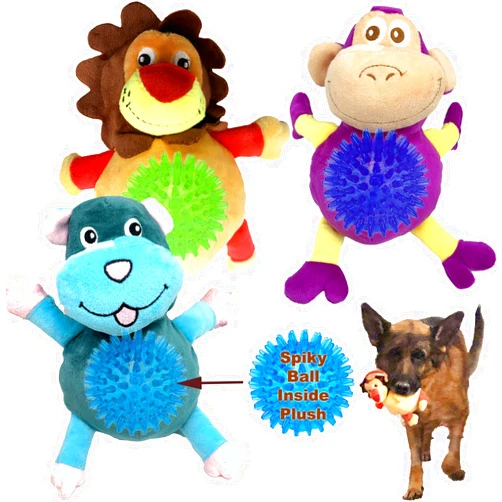 Jalousie Dog Squeaky Toys Value Set Non-Toxic Squeaky Balls Toss Fetch TPR Rubber Puppy Toys Spikey Dog Chew Toy for Small Medium Breed Pet Toys for Puppy (3 Pack 2-in-1 Plush)