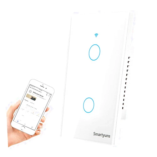 Smartyuns WiFi Smart Wall Light Switch - White, Tempered Glass Panel Touch Switch, 2 Gang for 1 Gang Box, Timer Function, Wireless Lighting Control