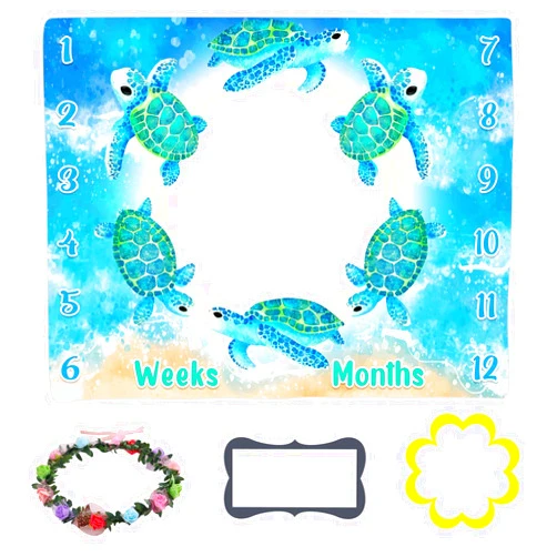 LYLYCTY Baby Monthly Milestone Blanket, Blue Sea Turtle Baby Age Blanket Beach Photo Backdrop Baby Blanket, 48x40 Inch Blue Baby Growth Chart Memory Blanket BTLSLY373