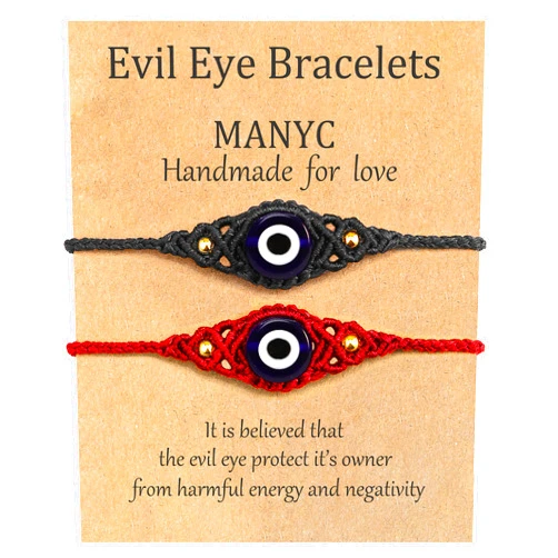 Handmade MANYC Handmade Evil Eye Bracelets Adjustable String Amulet for Women Men Teen Boys Girls (Red 1PC and Black 1PC)