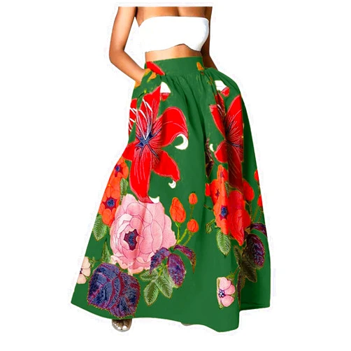 Miyaomn Women's Boho Floral Printed Maxi Skirt Summer Beach High Waisted Mopping Floor Length A Line Long Skirts with Pockets