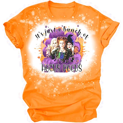 ZIFOTA It's Just A Bunch of Hocus Pocus T-Shirt Women Halloween Sanderson Sisters Bleached Shirt Fall Short Sleeve Tops