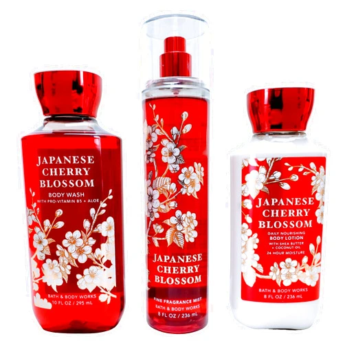 Bath & Body Works Japanese Cherry Blossom Set - Shower Gel 10 oz, Fragrance Mist 8 oz, Body Lotion 8 oz