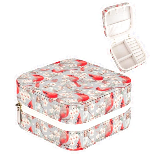 Joyidec Leather Small Cardinal Bird Cherry Blossom Jewelry Box for Girls Women, Small Travel Jewelry Organizer Box Case Storage Holder for Rings Earrings Necklace Bracelet Pendant Organizer, Mini Cute