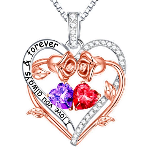 Iefil Mothers Day Gifts for Wife - Rose Heart Double Birthstone Necklace Gift for Wife Girlfriend Her Women, Birthstone Jewelry Gemstone Birthday Gifts for Mom Grandma Her Women