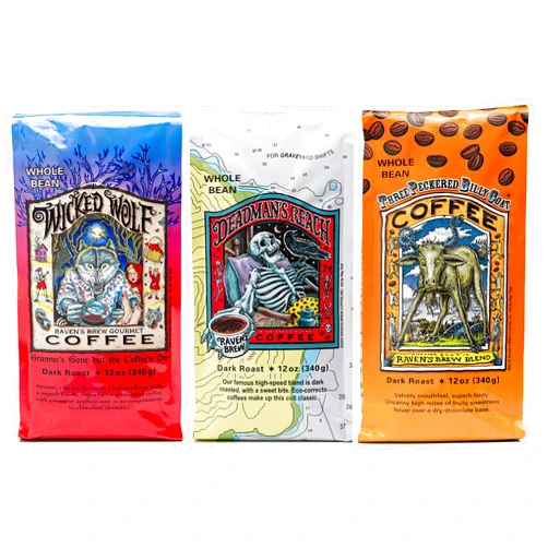 Raven's Brew Coffee Raven's Brew Whole Bean Variety Pack - 3 Delicious Flavors - Wicked Wolf, Three Peckered Billy Goat and Deadman's Reach - 12 oz each