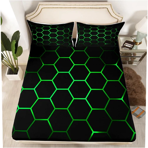 Feelyou Hexagonal Bedding Sheets 3D Geometric Honeycomb Bed Sheet Set for Kids Boys Girls Luxury Beehive Hexagon Bedding Fitted Sheet Neon Green Black Decor Bed Cover Bedroom Collection 3Pcs Queen Size