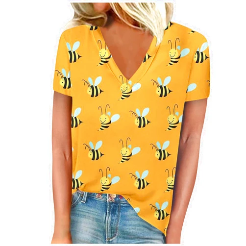 Generic Bee Festival Funny Shirts for Women Cute Loose Fit Honey Bee Print V Neck Blouses Dressy Casual Short Sleeve Tops