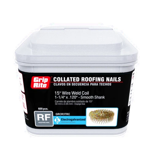 Grip-Rite 1-1/4-Inch 15? Electro-GALVANIZED Coil Roofing Nails, Smooth Shank, 600 nails per tub