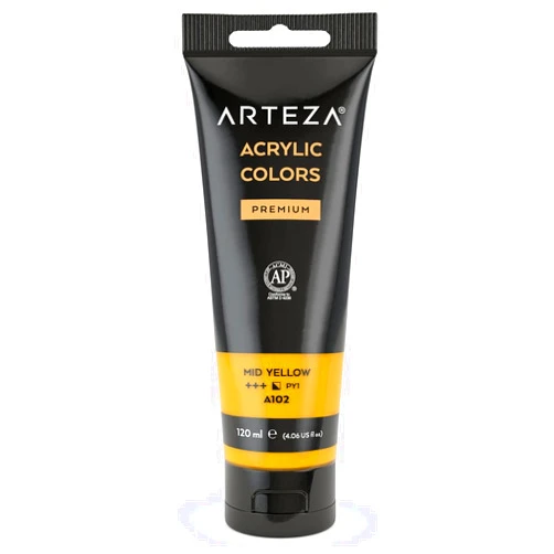 ARTEZA Acrylic Paint Mid Yellow Color (120 ml Pouch, Tube), Rich Pigment, Non Fading, Non Toxic, Single Color Paint for Artists and Hobby Painters