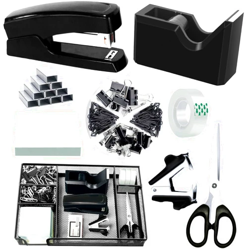 Daphilly Black Office Desk Accessories, Black Office Supplies Set, Desk Drawer Organizer,Stapler and Tape Dispenser Set,Tape,Staple Remover, Staples, Paper Clips, Scissor and Sticky Note