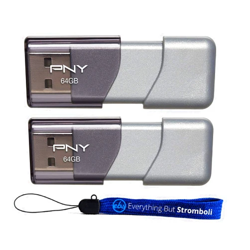 PNY USB 3.0 Flash Drive Elite Turbo Attache 3 Two Pack Bundle with (1) Everything But Stromboli Lanyard (64GB 2 Pack, Gray)